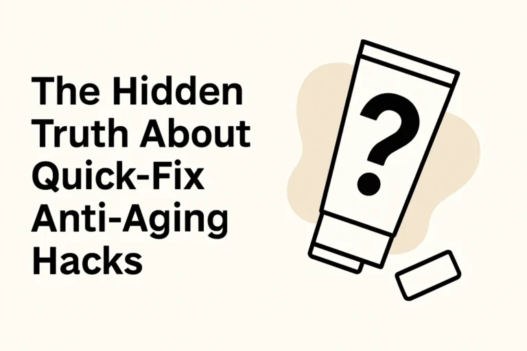 Black and white illustration of a cream tube with a question mark next to the text 'The Hidden Truth About Quick-Fix Anti-Aging Hacks